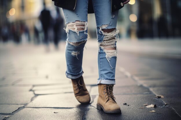 Donna con jeans strappati e stivali che cammina per la strada della città Closeup dei piedi