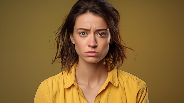 Donna con l'espressione triste che indossa una maglietta gialla che guarda la telecamera con la faccia triste