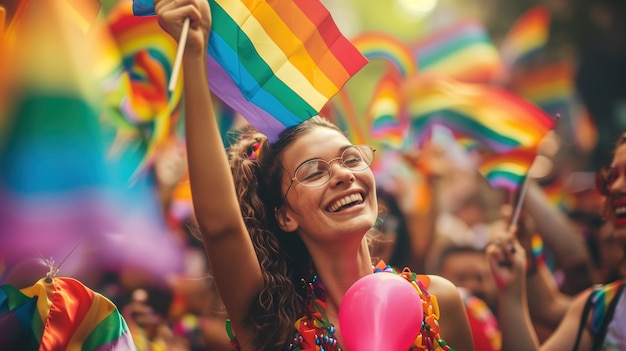 Donna con la bandiera dell'arcobaleno alla parata dell'orgoglio