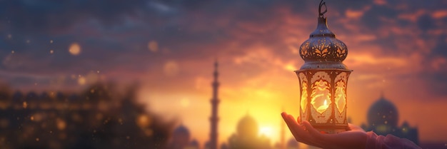 Donna con la lanterna del Ramadan in mano contro il cielo notturno con la luna