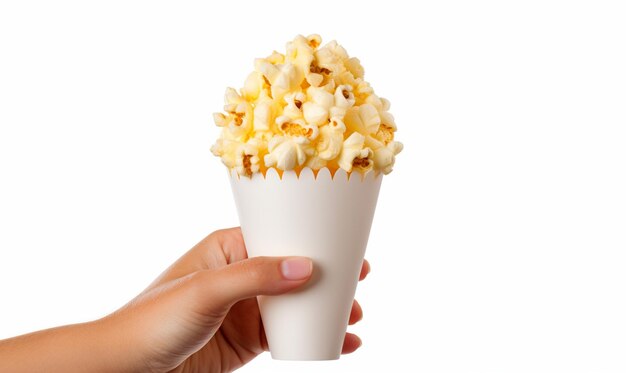 Donna con la mano che tiene un mini cesto di popcorn isolato sullo sfondo bianco