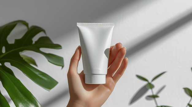 Donna con la mano che tiene un tubo bianco senza marchio con crema cosmetica su sfondo bianco con foglia verde crema modello di tubo per la cura della pelle