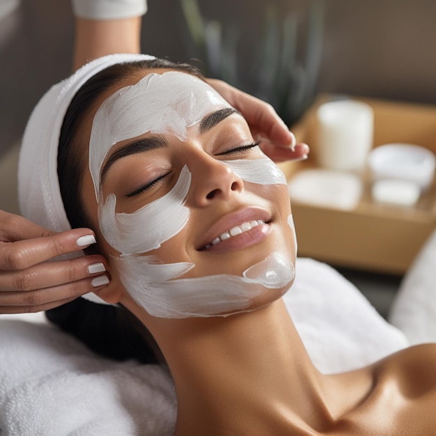 Donna con la maschera sulla faccia nel salone di bellezza della spa