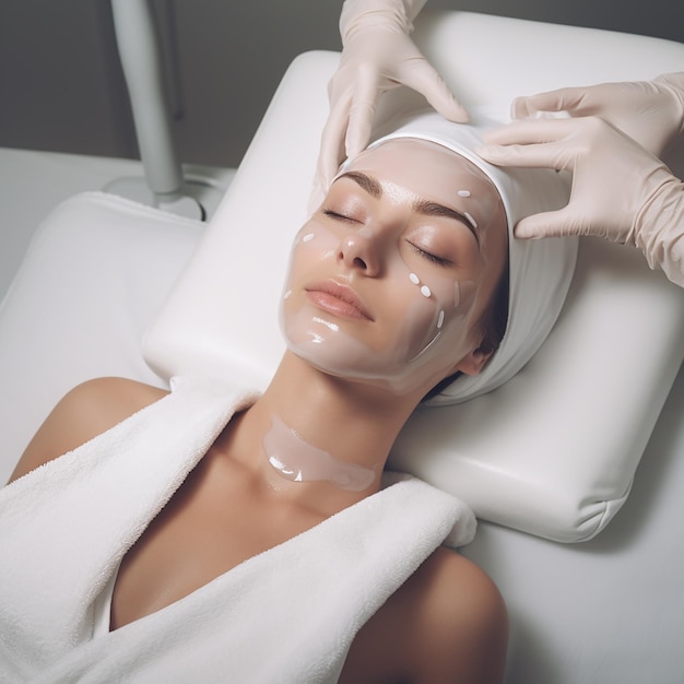 Donna con la maschera sulla faccia nel salone di bellezza della spa