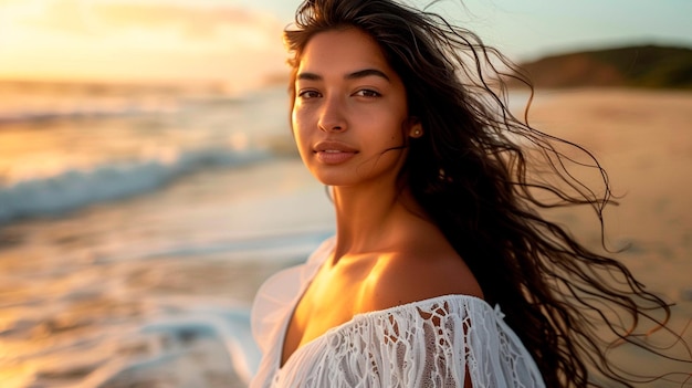 Donna con la pelle abbronzata in un tramonto sulla spiaggia