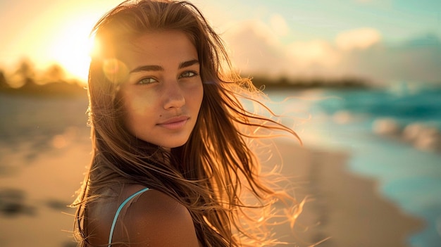 Donna con la pelle abbronzata in un tramonto sulla spiaggia