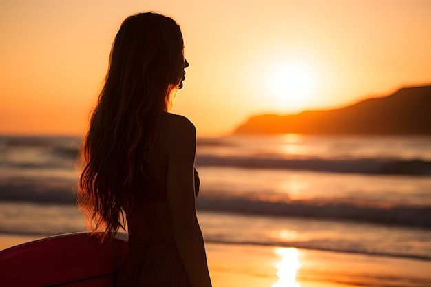 Donna con la tavola da surf sulla spiaggia