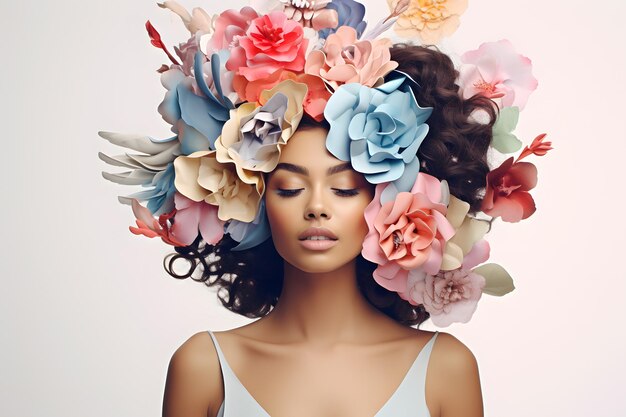 Donna con la testa coperta di fiori Concetto di trattamento psicologico per la salute mentale
