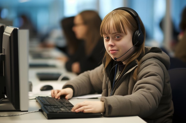 Donna con le cuffie che lavora al computer