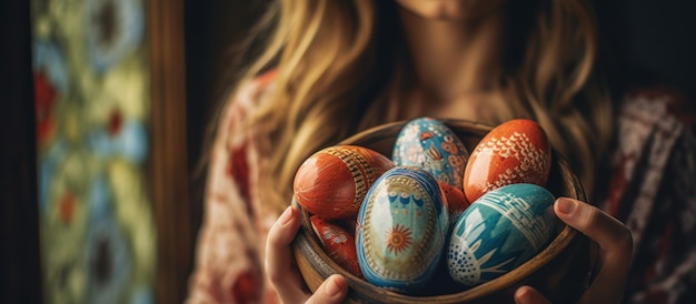 donna con le uova dipinte nel cesto delle uova colorate di Pasqua