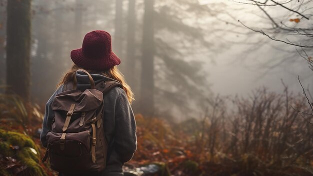 donna con lo zaino del cappello lavorato a maglia che fa un'escursione nella foresta di legno nebbiosa