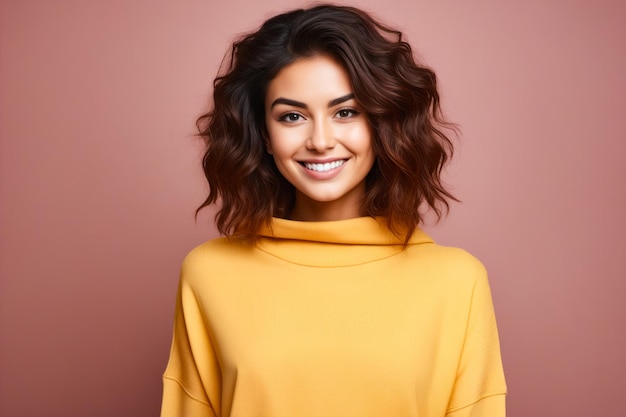 Donna con maglione giallo che sorride alla telecamera AI generativa