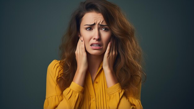 Donna con mal di dente tocca la guancia con le mani su uno sfondo blu