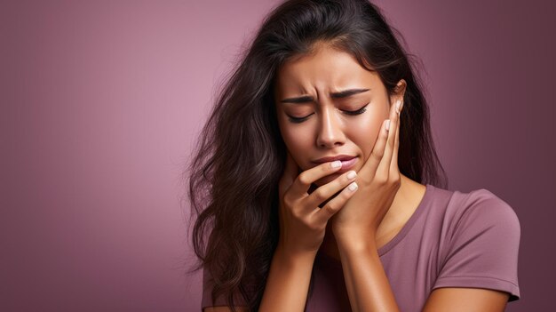 Donna con mal di dente tocca la guancia con le mani su uno sfondo viola