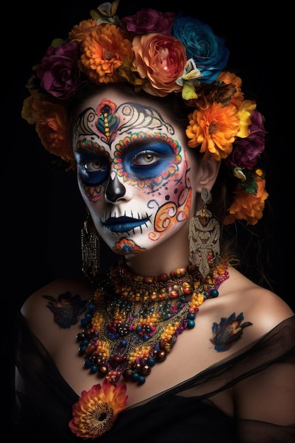 Donna con maquillaje de calavera e fiori alla cara Catrina