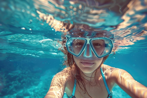 Donna con maschera da snorkeling si tuffa sott'acqua vede pesci tropicali nel mare delle barriere coralline Avventura di viaggio