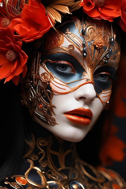 Donna con maschera e fiori sulla testa e sul viso AI generativa