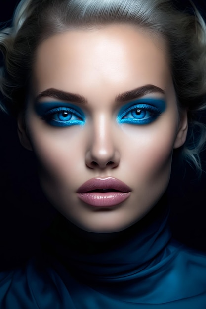 Donna con occhi blu e sfondo nero con sfondo nero AI generativa