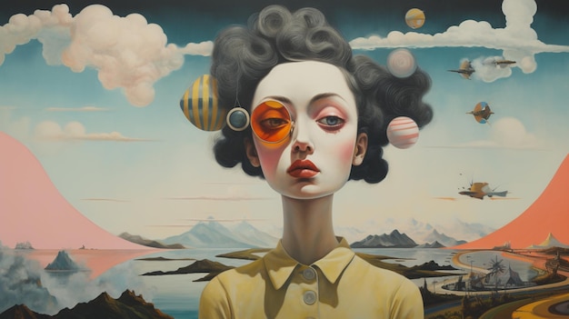 donna con occhi colorati in un paesaggio astratto
