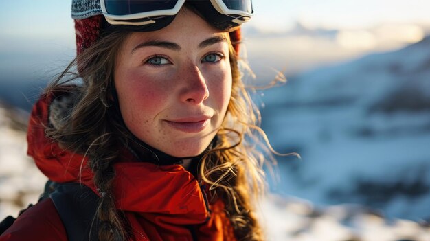 Donna con occhiali da sci e casco da sci sulla montagna innevata