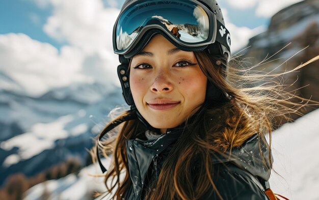 Donna con occhiali da sci e casco da sci sulla montagna innevata