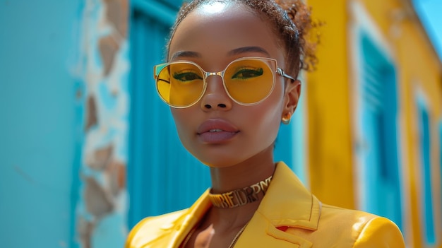 Donna con occhiali da sole gialli e giacca
