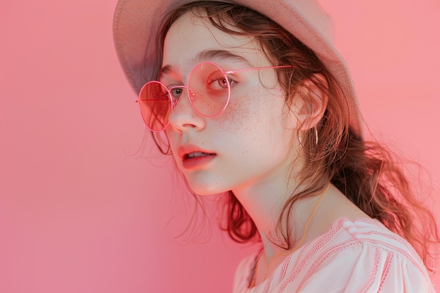 Donna con occhiali e cappello rosa