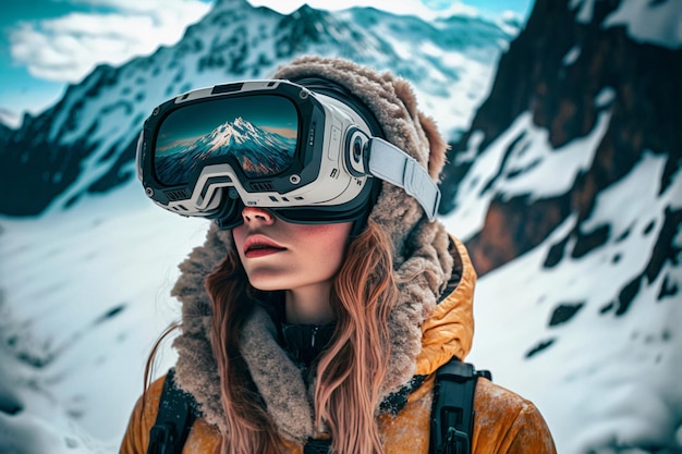 Donna con occhiali VR, pratica di sport di montagna spedizione sulla montagna innevata.ai generato