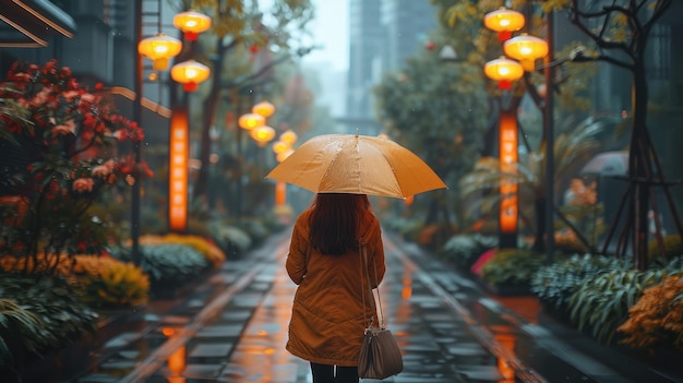 Donna con ombrello giallo che cammina per la strada vuota della città sotto la pioggia