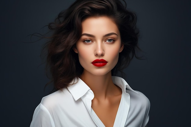 Donna con rossetto rosso e camicia bianca AI generativa