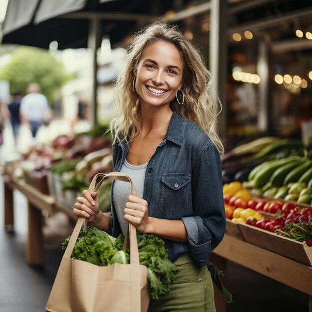 donna con sacchetti di alimentari al mercato