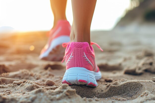 Donna con scarpe da corsa sulla spiaggia allenamento e allenamento per iniziare una corsa IA generativa