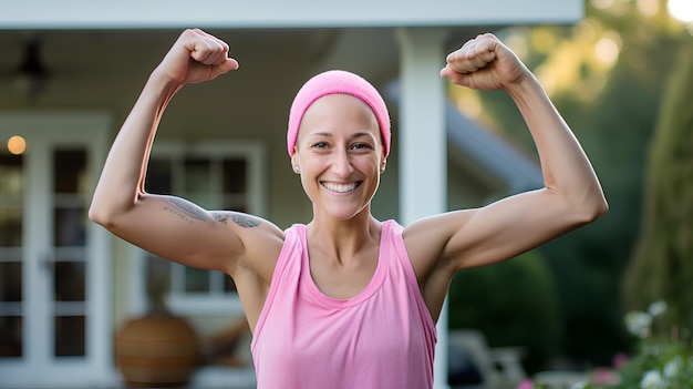 Donna con sciarpa rosa in testa Consapevolezza del cancroFelice donna forte malata di cancro con mani bicipiti e pugni che mostra forza e fiducia nella lotta contro la malattia