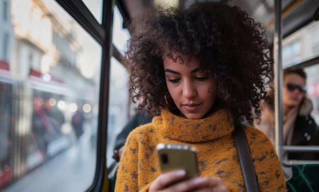 Donna con smartphone e autobus mattutino per l'ufficio per la connessione wifi dei trasporti pubblici e la digitazione