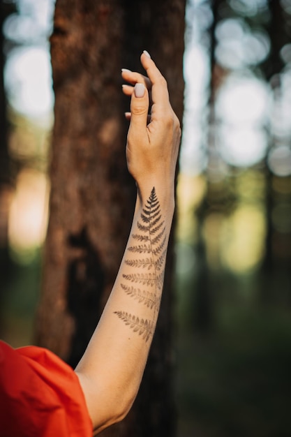 Donna con tatuaggio di felce che abbraccia gli alberi e si gode la natura nella pineta