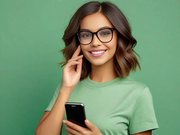 donna con telefono su sfondo verde AIGenerato