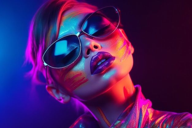 Donna con trucco al neon e occhiali da sole sul viso e viso dipinto con colori al neon AI generativa