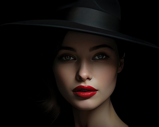 Donna con trucco e rossetto rosso che indossa un ritratto di moda cappello nero