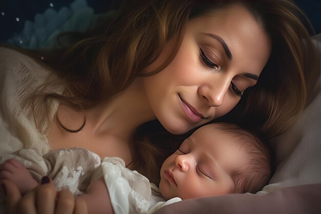 Donna con un bambino adorabile avvolto in una coperta AI generativa