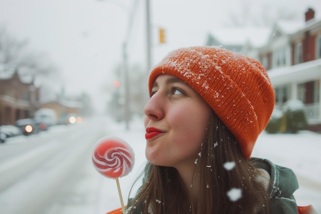 Donna con un berretto di lecca-lecca ghiacciato strada innevata