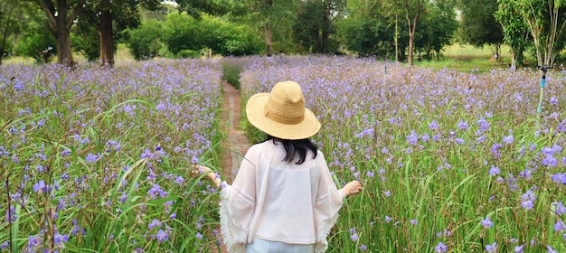 Donna con un cappello a bordo largo che fa una passeggiata mattutina nel campo in fiore di Murdannia gigantea