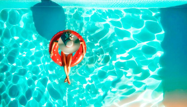 Donna con un cappello da sole galleggia su un anello gonfiabile in una piscina in una giornata di sole vacanze estive costose