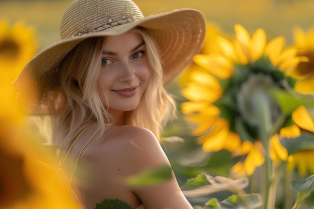 Donna con un cappello di paglia in un campo di girasoli