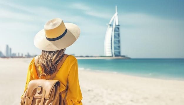 donna con un cappello e uno zaino giallo che guarda la spiaggia vicino al Burj al Arab