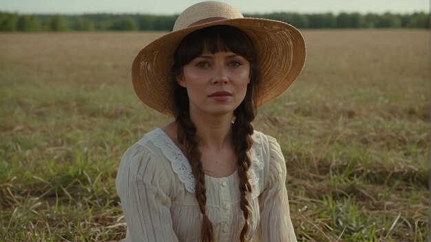 Donna con un cappello seduta in un campo