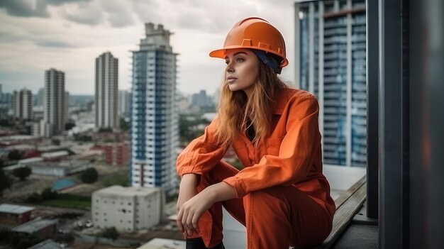 Donna con un casco in un cantiere