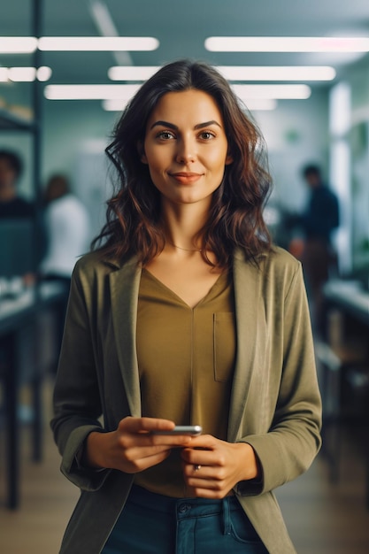 Donna con un cellulare in una stanza con persone sullo sfondo AI generativa