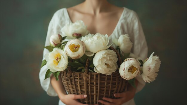 Donna con un cesto di legno con fiori di peonia bianca