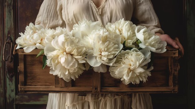 Donna con un cesto di legno con fiori di peonia bianca