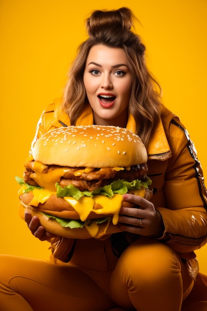 Donna con un hamburger gigante nelle mani e che fa la faccia di un'AI generativa